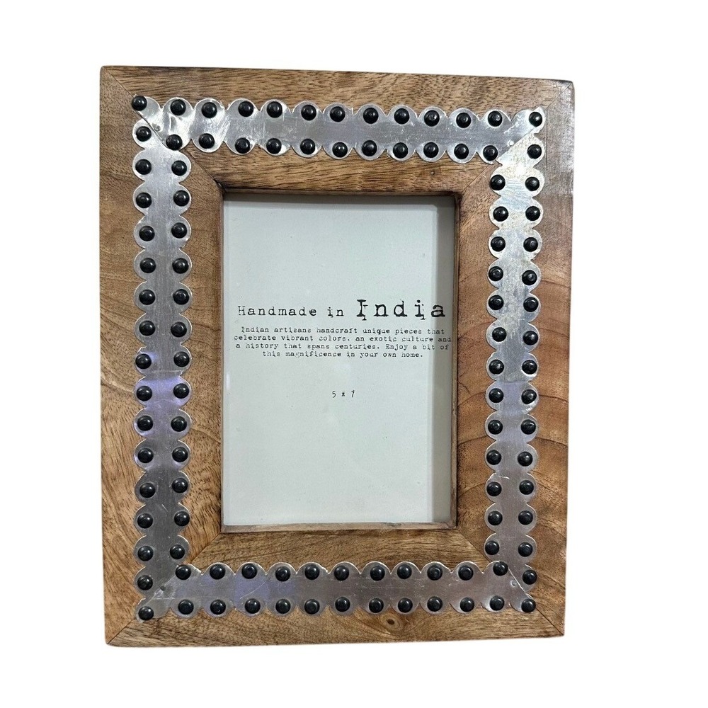 Downeast Mango Wood Picture Frame 5x7 Burnt Natural Metal Studded Handmade India